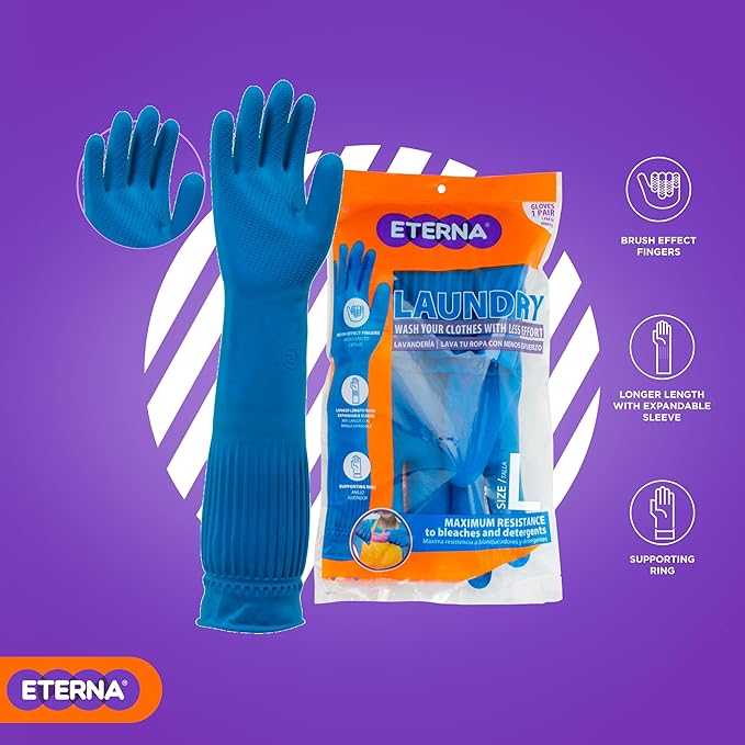 ETERNA Gloves Extra Long, Gloves for Laundry, Kitchen and Household Cleaning, Brush Effect on Fingers, Longer Length with Expandable Sleeve, Size L, 4.44 Oz