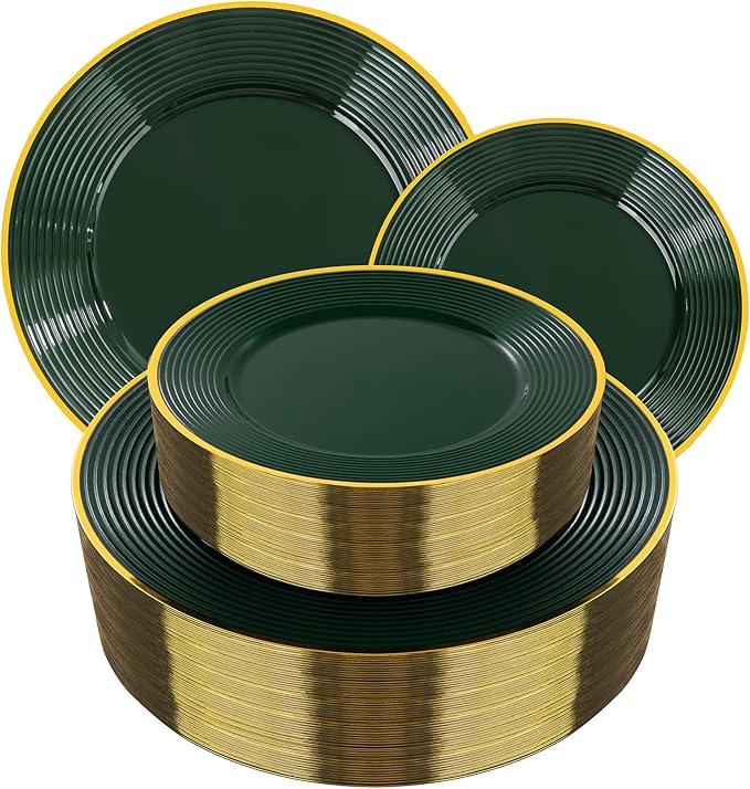 Liacere 100PCS Green Plastic Plates - Heavy Duty Disposable Plates - Green and Gold Plate 100PCS Dinner/Dessert Plate for Party & Christmas & New Year’s St. & Patrick's Day