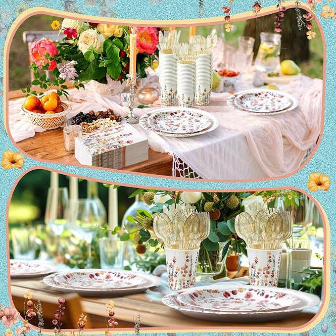 Sinmoe 400 Pcs Spring Plates and Napkins Set Paper Flower Dinnerware Disposable Party Supplies for 50 Guest Dinnerware Knife Fork Spoon for Spring Birthday Party(Classic Color,Flower)