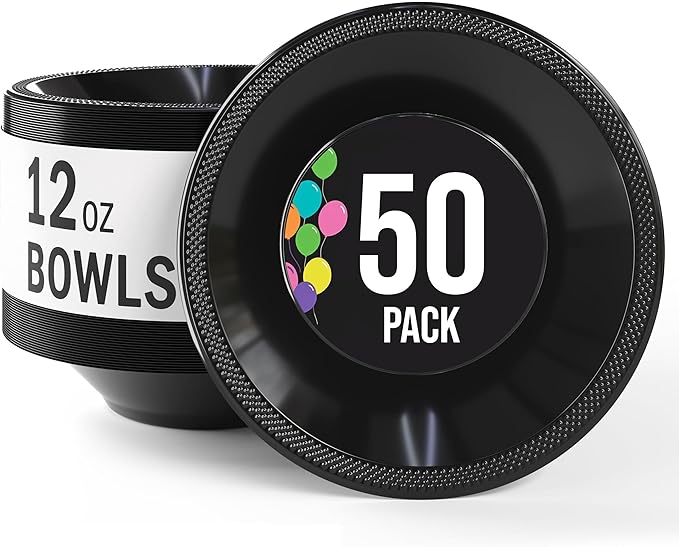 Party Solids 12 Oz Black Plastic Bowls Disposable Bowls for Hot Food Soup 50 Pcs - For Soup, Salad, Cereal, Desserts & Party Supplies