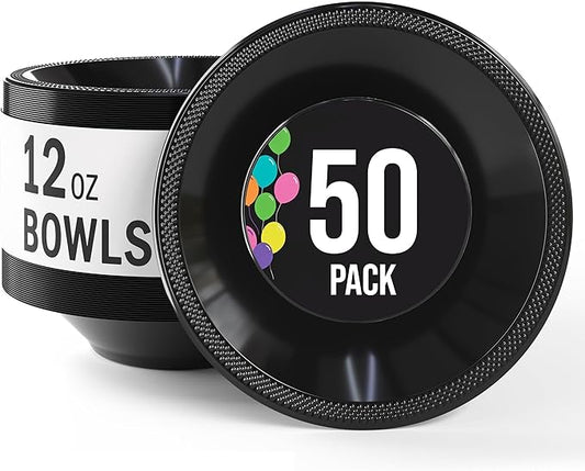 Party Solids 12 Oz Black Plastic Bowls Disposable Bowls for Hot Food Soup 50 Pcs - For Soup, Salad, Cereal, Desserts & Party Supplies