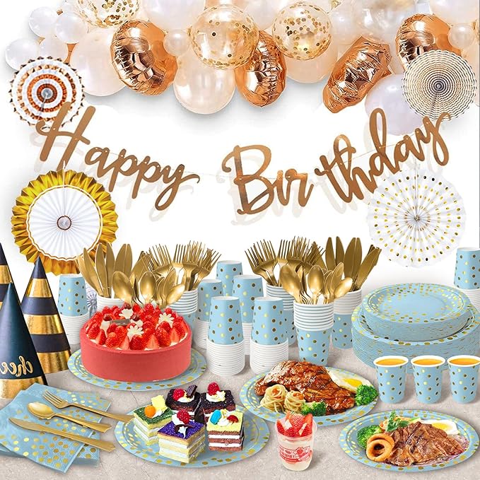 350PCS Blue and Gold Paper Plates Party Decorations Dinnerware Sets for 50 Guests Plastic Forks Knives Spoons, Golden Dot Blue Party Plates Napkins Cups for Birthday Baby Shower Wedding New Year