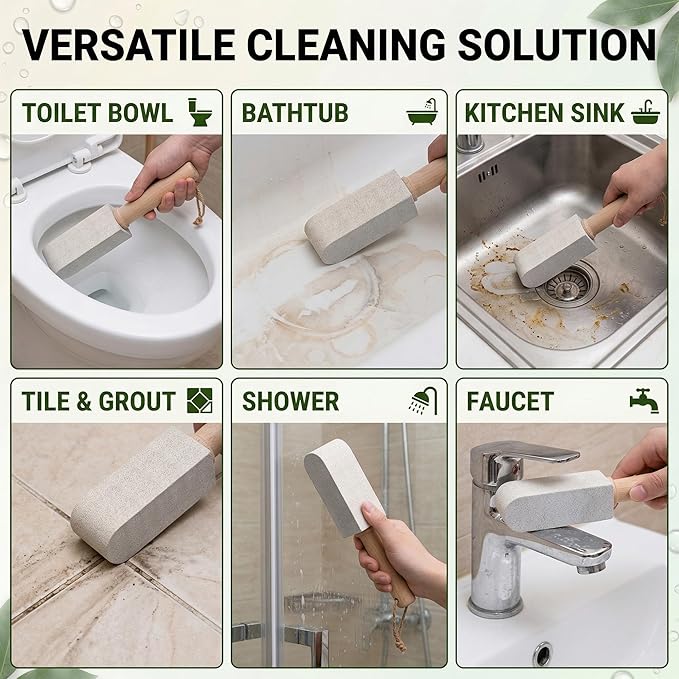 2-in-1 Natural Pumice Stone: Foot File & Multi-Surface Cleaner for Toilet, Tile, Bathroom – Removes Hard Water Rings, Rust, Calluses – Hygienic No-Touch Use, Non-Scratch, Shapeable – 2 Pack