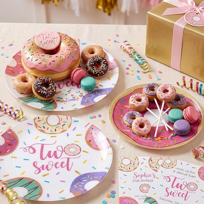 Liacere 32Pcs Donut Party Plastic Plates - Donut Birthday Party 7/10-Inch Dessert Plates Disposable Tableware Dinnerware for Two Sweet Girls' Birthday