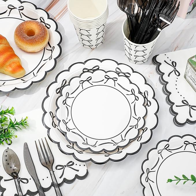 JarThenaAMCS 175 Pcs Black Bow Party Supplies Kit Scalloped Bowknot Tableware Set Disposable Dinnerware Paper Napkin Plate Cup Spoon Fork Knife for 25 Guests Party Favor