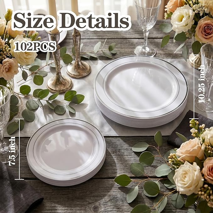 I00000 102pcs Silver Plastic Plates, Disposable Plastic Party Plates with White Silver Rim Fancy Wedding Party Plates Include 51 Dinner Plates 10.25" and 51 Dessert Appetizer Plates 7.5"