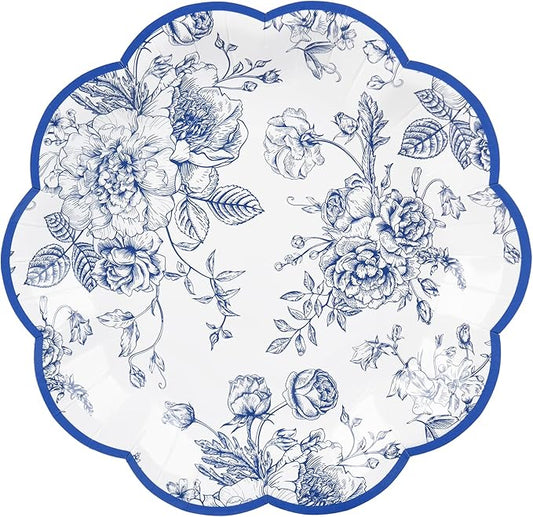 24 Pcs Blue Floral Party Plates 7" Vintage Floral Leaf Disposable Paper Plates Wildflower Blue Toile Small Scalloped Dessert Plates for Birthday Bridal Garden Tea Time Party Supplies