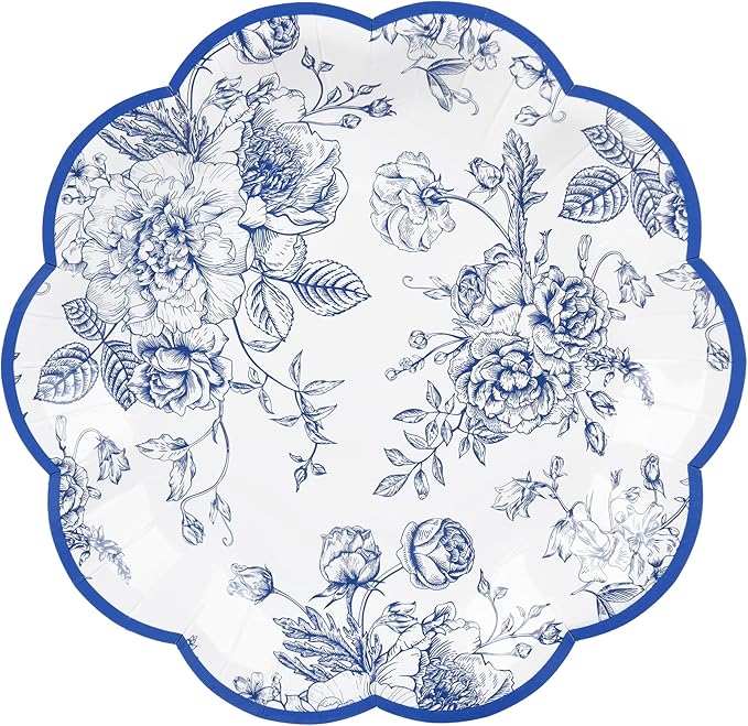 48 Pcs Blue Floral Party Plates Vintage Floral Leaf Disposable Paper Plates Wildflower Blue Toile 7" Scalloped Rim Dessert Plates for Birthday Bridal Garden Tea Party Supplies