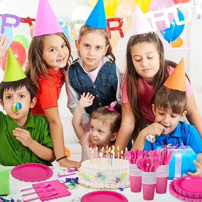 175 Pcs Hot Pink Paper Plates and Napkins, 25 Guest Hot Pink Supplies Include Scalloped Party Plates Napkins Cups Plastic Cutlery Set for Birthday, Bridal Shower