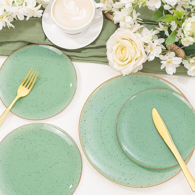 Liacere 32PCS Green Plastic Plates - Green Stone Plastic Disposable Tableware Plates Modern Dinnerware Set - Wedding & Warm Winter & Party & St. Patrick's Day & Easter Day