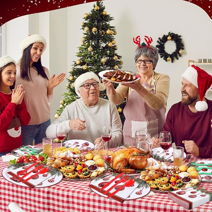 Havawish 350 Pcs Christmas Party Supplies Red Christmas Ball Disposable Tableware Set Oval Paper Plates Cups Napkins Fork Knife Spoon Dinnerware for Winter Xmas Holiday Party Table Decorations