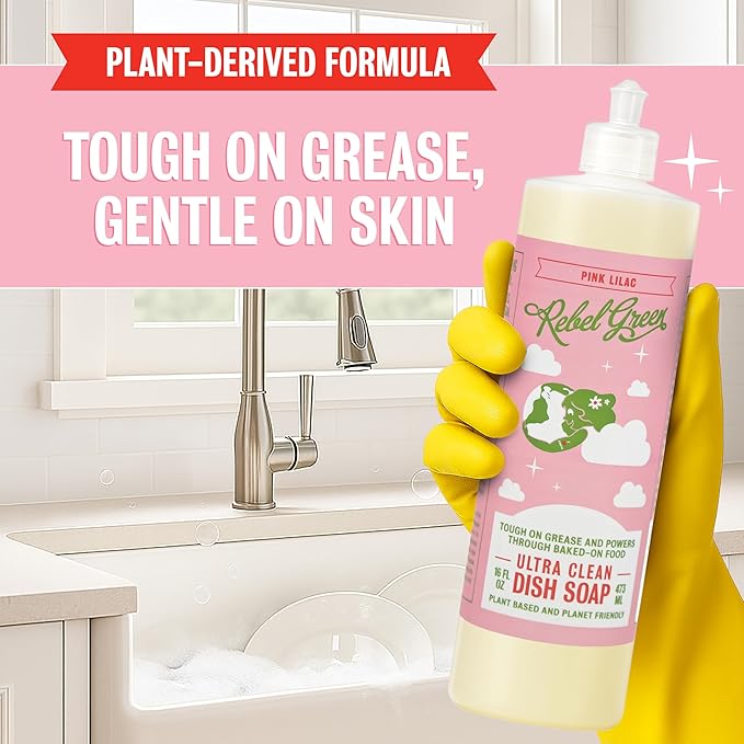 Rebel Green Super Deluxe Dish Soap - Natural Dishwashing Soap - Liquid Dish Detergent - Sustainable Dish Liquid Scented with Pink Lilac - (16 oz Bottles, 2 Pack)