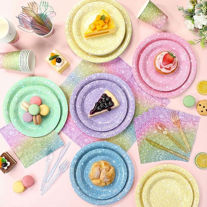 Hushee 350 Pcs Pastel Rainbow Holographic Print Party Supplies Guests Disposable Dinnerware Set Include Paper Plates, Napkins, Cups, Plastic Cutlery for Wedding Birthday Disco Bachelorette