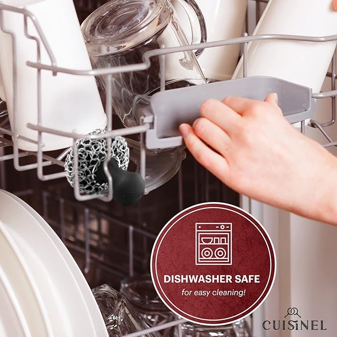 Cuisinel Cast Iron Chainmail Scrubber + Pan Scraper - Ergonomic Design Stainless/Silicone Cleaner for Pots & Skillets - Easy to Clean, Dishwasher Safe, Cookware Sponge Accessory