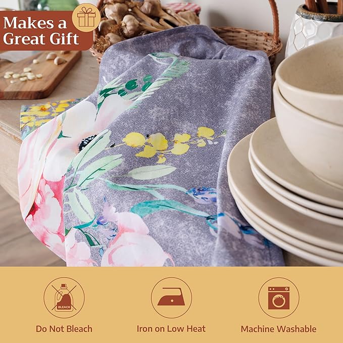 Maison d' Hermine Kitchen Towels Set of 3 100% Cotton 27.50" x 20" Reusable Cloth Tea Dish Towels Absorbent with Hanging Loop for Farmhouse Hotel Spring Summer - Sweet Rose Lavender - Lush