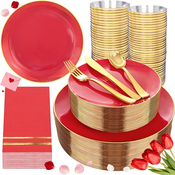 NOCCUR 350PCS Red Plastic Plates - Disposable Red Gold Dinnerware Set for 50 Guests, 100 Dinner/Dessert Plates, 150 Gold Silverware, 50 Cups&50 Napkins for Party/Wedding/Mother's Day