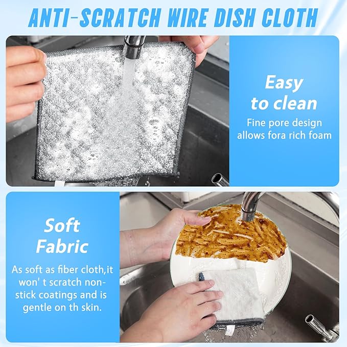 Wangjinpeng 8 Pcs New Upgrade 4-Layer Metal Dish Cloths, Non-Scratch Odor-Free Multipurpose Wire Dishwashing Rags for Wet Dry Use, Kitchen Cleaning Cloths for Dishes, Sinks & Stove Tops(7.87X7.87)