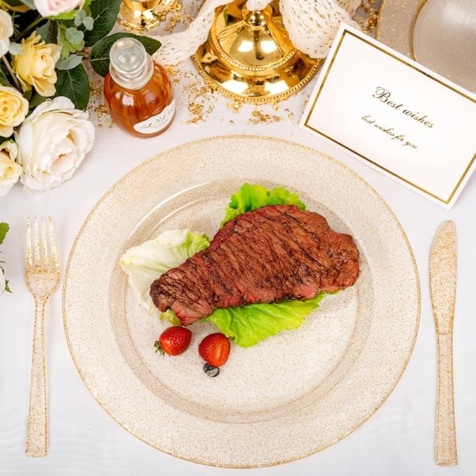 200 Pcs Gold Glitter Plastic Plates - Disposable Party Plates, Gold Glitter Disposable Plate Include 100 Dinner Plate and 100 Dessert Plate, Plastic Plate for Party, Holiday, Wedding & Birthday