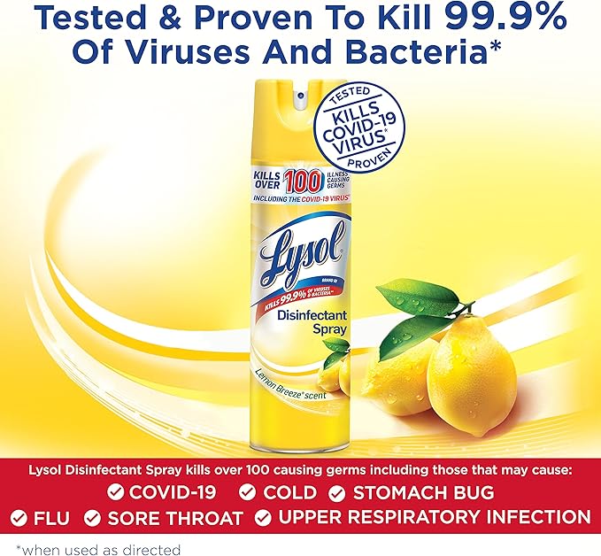 Lysol Disinfectant Spray, Household Cleaning Supplies, Disinfecting Multi-Purpose Room Spray, Antibacterial Sanitizer, Deodorizer, Kills Hantavirus, Lemon Breeze, 19 Fl Oz