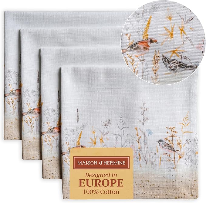 Maison d' Hermine 100% Cotton Cloth Napkins Set of 4 Everyday Reusable Square Napkins Cloth Washable Dinner Party Wedding Restaurant Hotel Kitchen Spring Summer (Meadow Florals - Beige, 20" x 20")