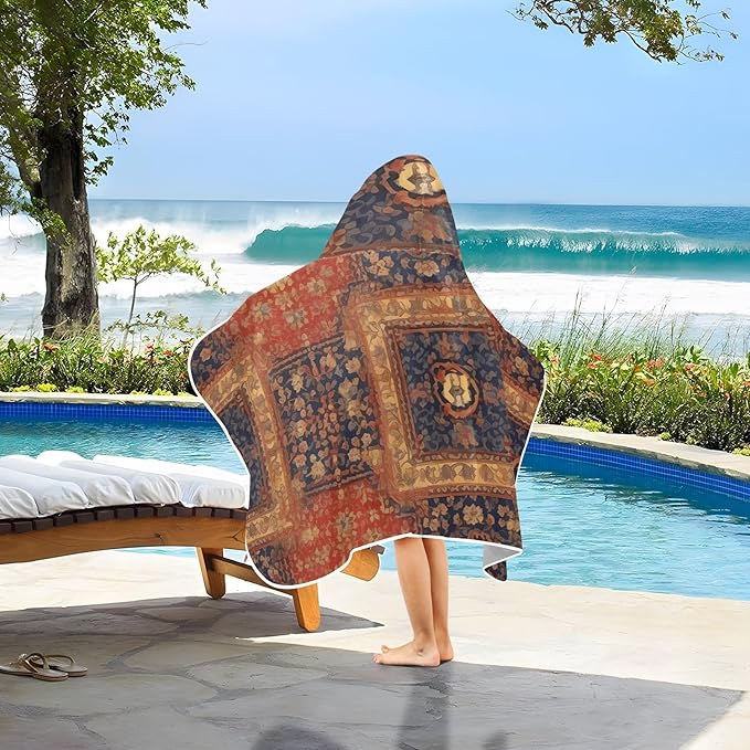 Hooded Towel for Kids Retro Tribe Red Golden Pattern Beach Wrap Bath Towels 50x23.5in