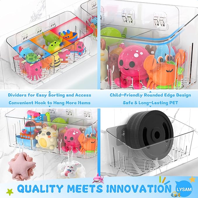 Lysam Bath Toy Storage 4 Packs, Large Bath Toy Holder with 3 Compartment, Quick Dry Bathtub Toy Organizer, Bath Tub Toy Net, Shower Toy Basket & Bin, Bathroom Accessories for Baby,Toddler,Kids（Clear）