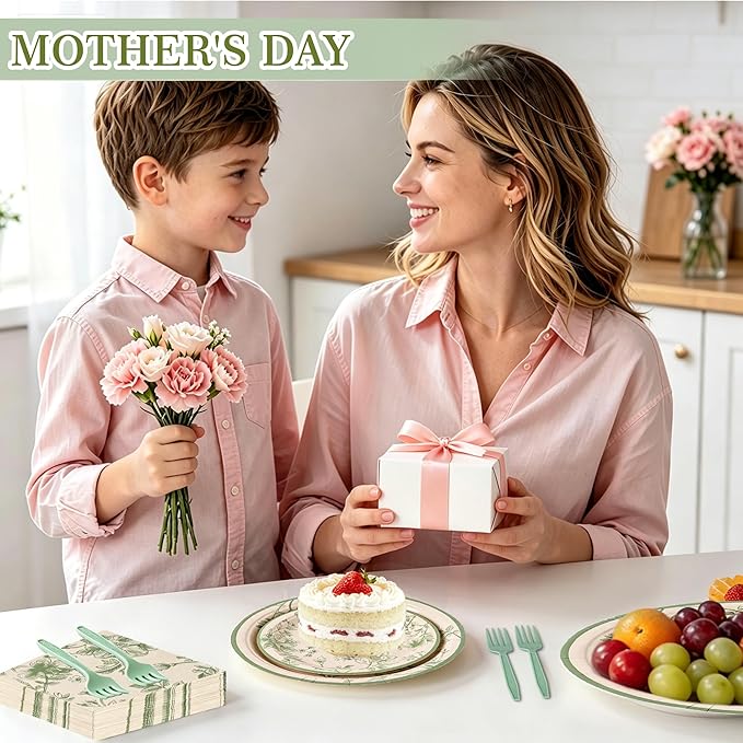 100 Pcs Sage Green Floral Party Supplies for 25 Guests, Heavy-Duty 7" & 9" Paper Plates, 2-Ply 13" Napkins & Plastic Forks, Disposable Tableware Set for Bridal Baby Shower and Tea Party