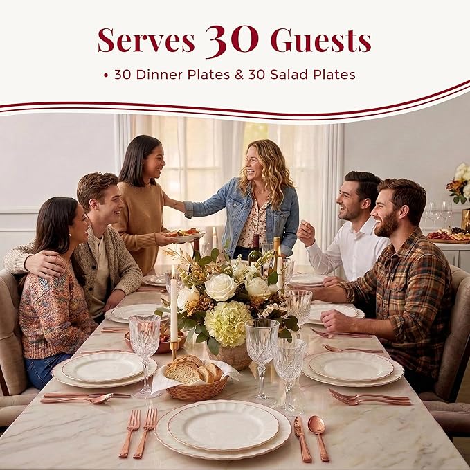 By Madee HEAVYWEIGHT 60 Pc Ivory Scalloped Plastic Plates with Rose Gold Trim | 30 Dinner & 30 Dessert Fancy Disposable Plates | Perfect for Weddings Bridal Showers or Any Special Moments (30 Guests)