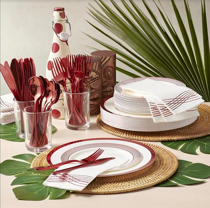 By Madee HEAVYWEIGHT Red Party Plates Set 175 Piece Fancy Plastic Dinnerware Sets | Red Plates and Napkins Cutlery | Elegant & Nice for Wedding Bridal Shower (25 Guests)