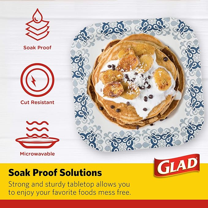Glad Square Heavy Duty Paper Plates, Soak Proof and Cut Proof Disposable Plates for Parties and Everyday Meals, Microwaveable for Easy Serving, Blue Victorian Pattern, 10 Inch, 50 Count