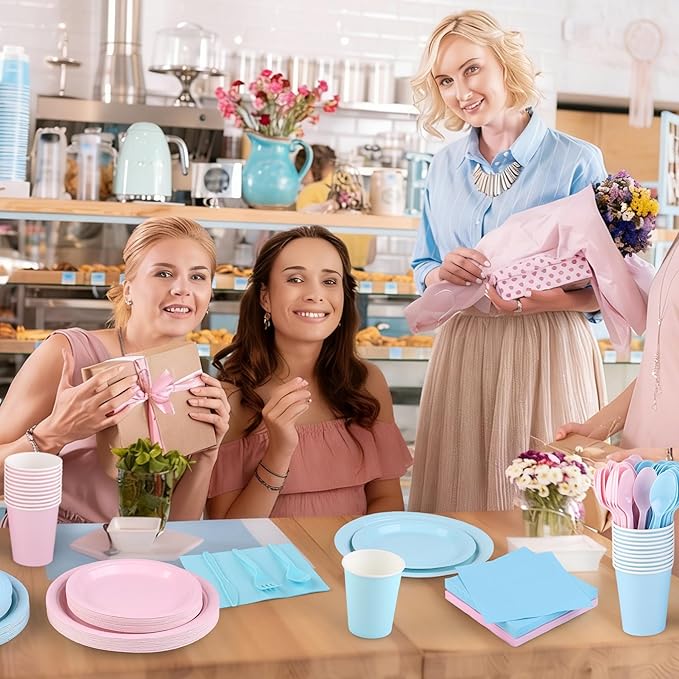 Kochorie 350 Pieces Gender Reveal Dinnerware Set, 7 & 9 inch Light Pink Light Blue Paper Plates Cups Napkins Plastic Cutlery Disposable Party Supplies for Birthday Baby Shower, Serve 50 Guests