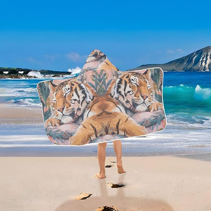 Hooded Towel for Kids Tiger Sleeping Soundly Beach Wrap Bath Towels 50x23.5in