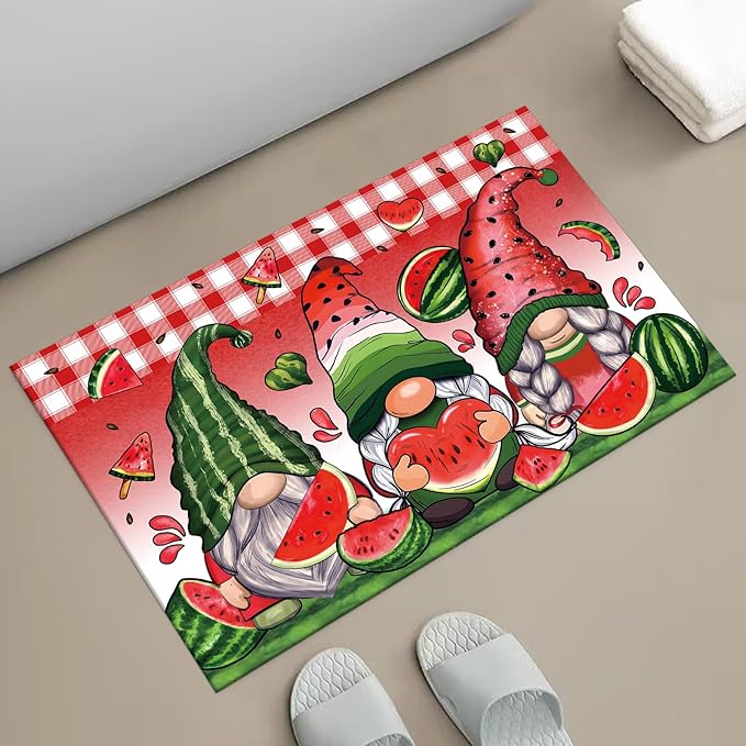 APROPHIC Summer Gnome Bath Mat for Bathroom Decor, Fruit Watermelon Plaid Bathroom Rug Non-Slip Rubber Backing Carpet, Absorbent Quick-Drying Floor Mat, Ultra-Thin Fit Under The Door,17x24 in, Red