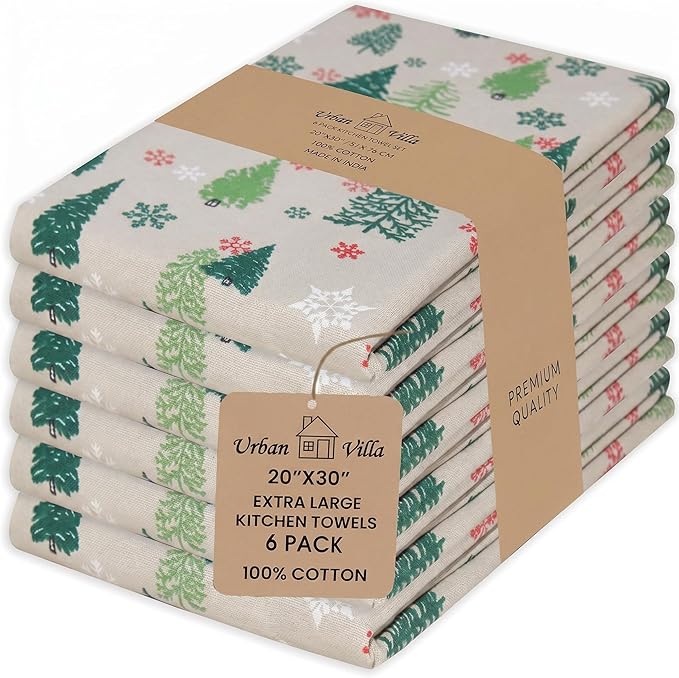 Urban Villa Kitchen Towels Christmas Green Trees Print Premium Quality,100% Cotton Dish Towels Mitered Corners Ultra Soft (Size: 20X30 Inch) Highly Absorbent Bar Towels & Tea Towels - (Set of 6)
