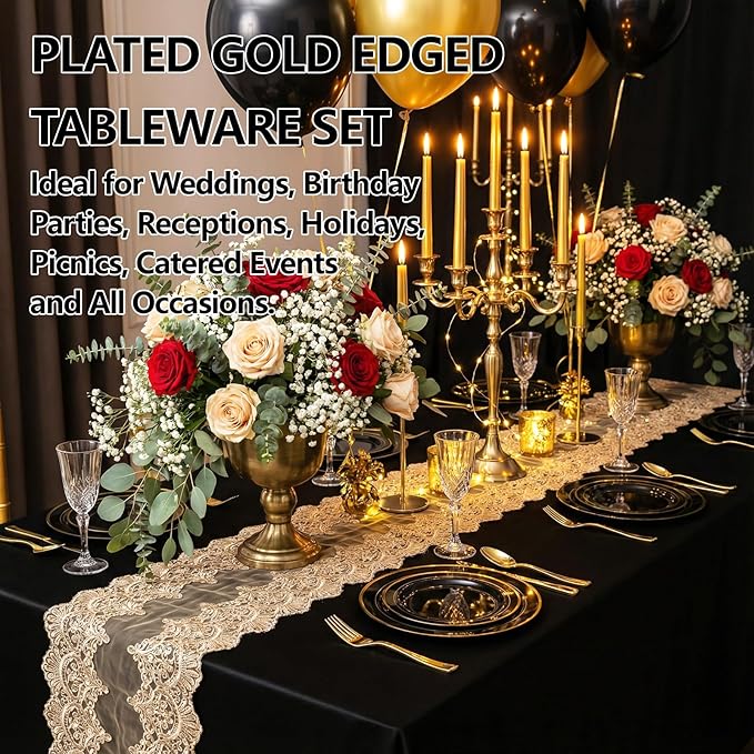 GATHER 350PCS Black Plastic Plates - Black and Gold Disposable Dinnerware Set Include 100 Plates, 150 Gold Silverware, 50 Napkins, 50 Cups for Party & Wedding & Birthday & Graduation