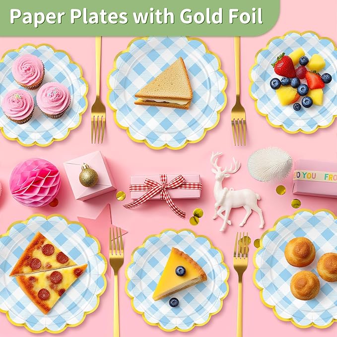 50 Pcs Blue and White Checkered Paper Plates, 25 Pcs 9" and 25 Pcs 7" Disposable Blue Gingham Scalloped Plates with Gold Foil for Graduation Wedding Baby Shower Birthday Party Picnic BBQ