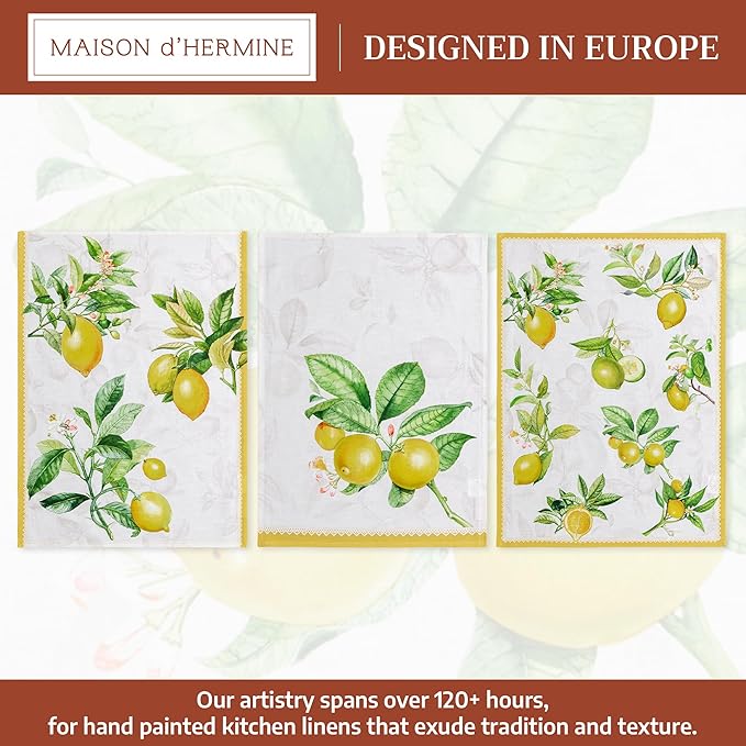 Maison d' Hermine Kitchen Towels Set of 3 100% Cotton 27.50" x 20" Reusable Cloth Tea Dish Towels Absorbent with Hanging Loop for Kitchen Farmhouse Hotel Spring Summer - Limoncello