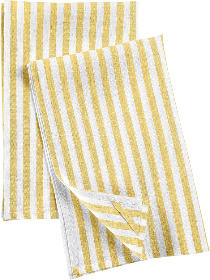 Solino Home Primrose Yellow and White Linen Kitchen Towels Set of 2-100% Pure Linen Amalfi Stripe 17 x 26 Inch Tea Towels with Hanging Loop - European Flax Kitchen Dish Cloth - Machine Washable