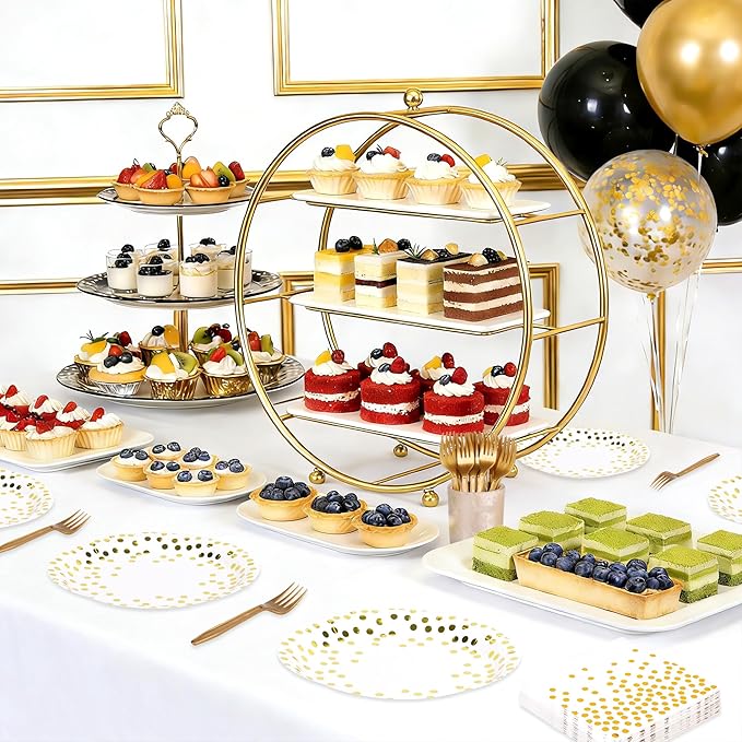 White and Gold Paper Plates and Napkins Tablecloth Party Supplies,Serves 25 Guests White Gold Plates and Napkins Tablecloth,Disposable Tableware Set for Birthday Graduation Retirement Decorations