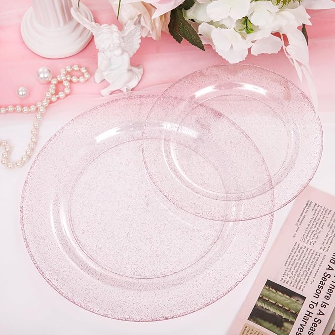 WDF 120pcs Pink Plastic Plates Disposable - Clear Pink Glitter Plates including 60PCS Dinner Plates 10.25inch and 60PCS Salad Plates 7.5inch for Wedding/Baby Shower/Spring/Birthday