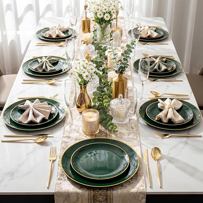 I00000 150Pcs Green Plastic Plates with Gold Rim, Fancy Disposable Plates,Green Plates Set include 30 Dinner Plate,30 Dessert Plate, 90 Plastic Silverware Set for Wedding&Party