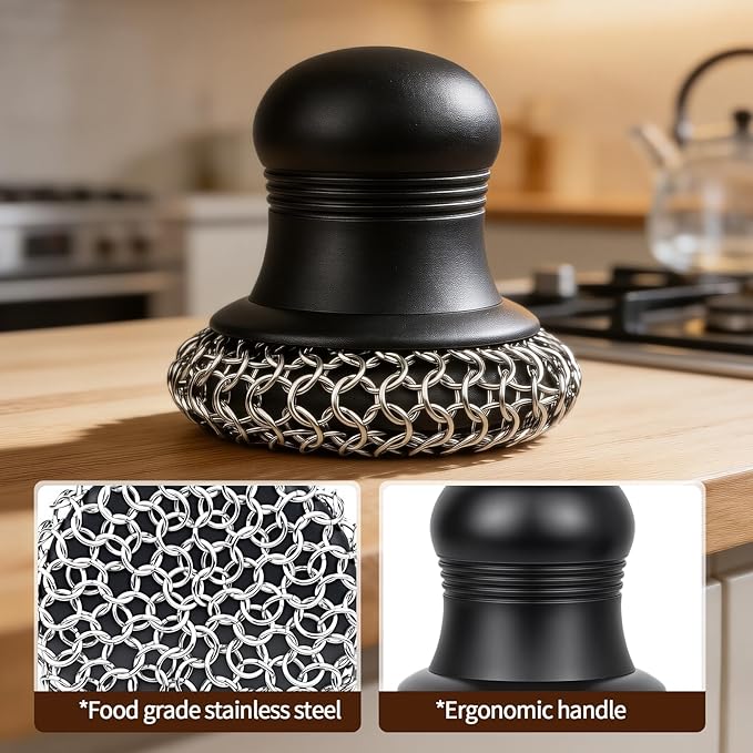 316 Upgraded Cast Iron Scrubber with Pan Scraper,Cast Iron Cleaner for Grill Pan Skillet Wok Carbon Steel,Ergonomic to Hold Easy to Use Dishwasher Safe ((Large Chain Mail,2pcs))