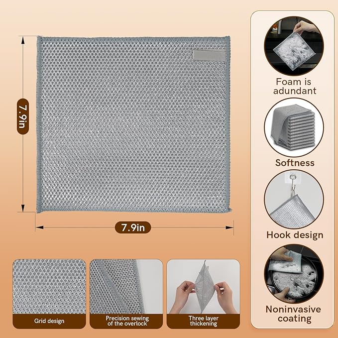 12 Pcs New Upgrade 3-Layer Metal Dish Cloth, No Scratches and No Odor, Multipurpose Wire Dishwashing Rag for Wet and Dry, Kitchen Cleaning Dishrags for Sinks, Dishes, Stove Top