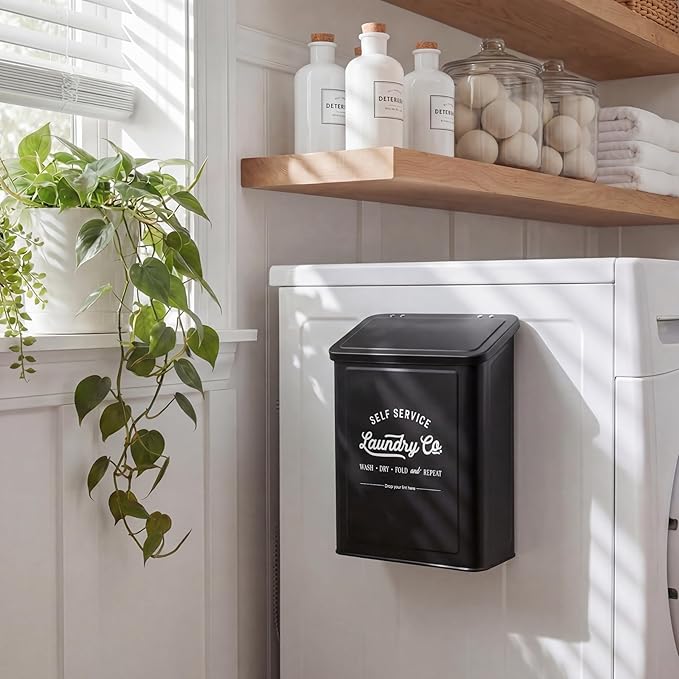 MONJITA Magnetic Lint Bin for Laundry Room, Metal Trash Can with Lid for Dryer, Farmhouse Lint Holder, Laundry Co Sign, Laundry Room Storage Decor with Dryer Lint Brush (Black-Dryer Ball Set)