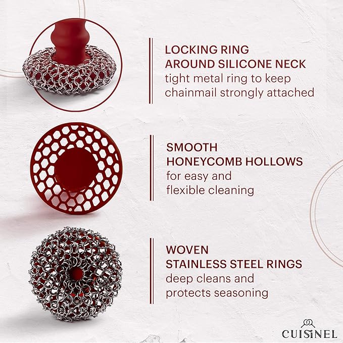 Cuisinel Cast Iron Chainmail Scrubber + Pan Scraper - Deluxe Ergonomic Stainless/Silicone Pot and Skillet Cleaner - Food-Safe Design - Easy to Clean Dishwasher Safe Cookware - Kitchen Sponge Accessory