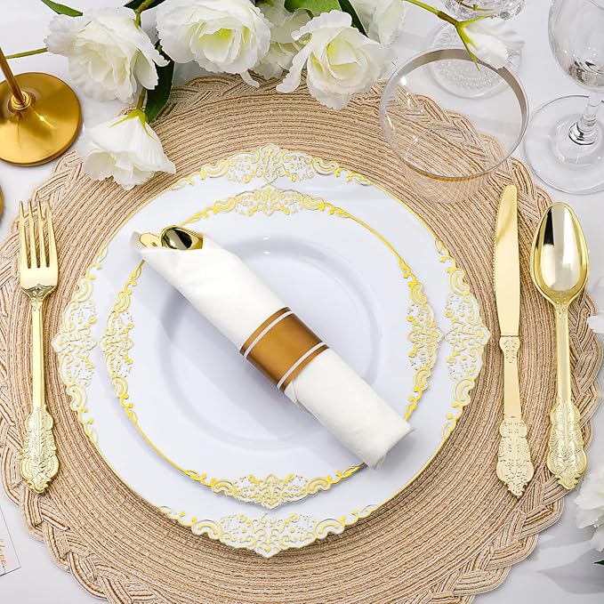Realluck 350 PCS White and Gold Plastic Plates, Plastic Dinnerware Set for 50 Guests, 100 Disposable Plates, 150 Silverwares, 50 Cups, 50 Napkins for Party, Wedding, Graduation