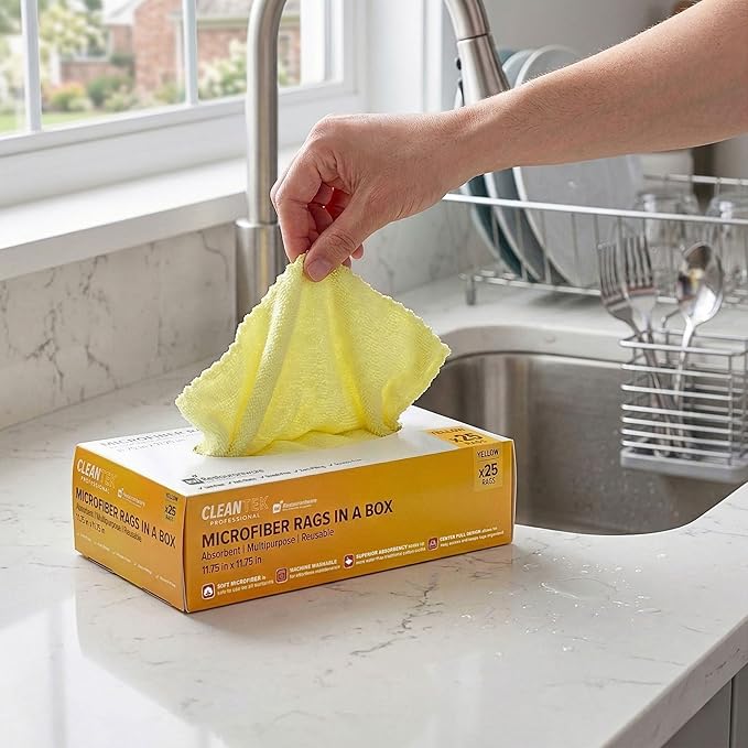 Restaurantware-Clean Tek Professional 11.81 x 11.81 Inch Microfiber Rags In a Box, 25 Absorbent Cleaning Cloths - No-Scratch, Yellow Microfiber Reusable Edgeless Cleaning Towels, Leaves No Streak