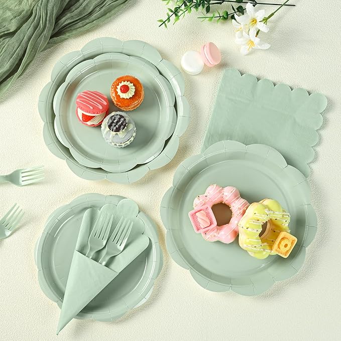 96 Pcs Sage Green Paper Plates and Napkins Set Party Supplies, Tableware set for 24 Guest include Disposable Sage Green Scalloped Plates, Napkins and Fork for Easter, Baby Shower,Wedding,Bridal shower