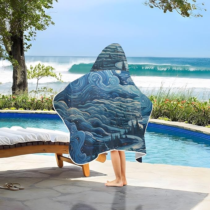 Hooded Towel for Kids Village Starry Night and Clouds Beach Wrap Bath Towels 50x23.5in