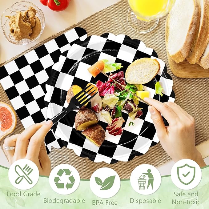 Mulbozy 75 Black Checkered Plates and Napkins Disposable Set Includes 25 Dessert Cake Scalloped Plates, Cocktail Napkins & Forks, for Fork 25 Guests Holiday Party Supplies.